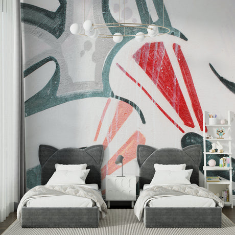 Modern Abstract Wallpaper in bright home office with natural light showing red and green geometric pattern