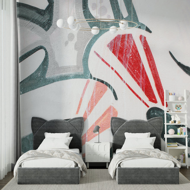 Modern Abstract Wallpaper in bright home office with natural light showing red and green geometric pattern