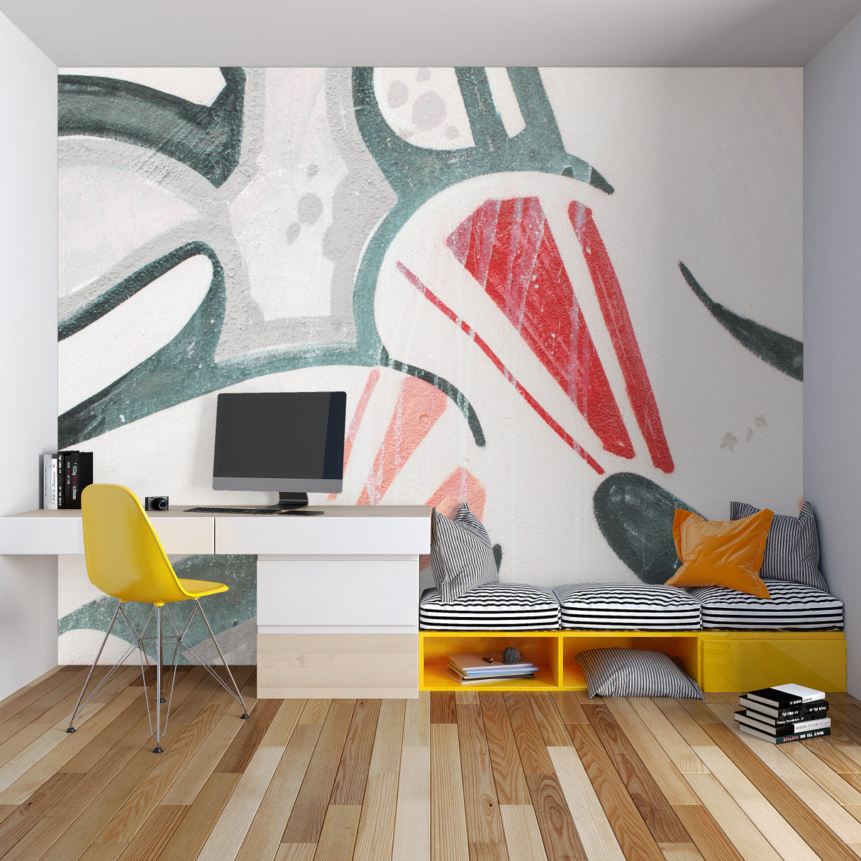 Abstract Wall Mural in contemporary living room with minimalist furniture