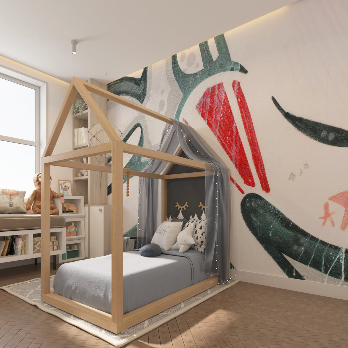Abstract Mural in dining room highlighting red and green color palette