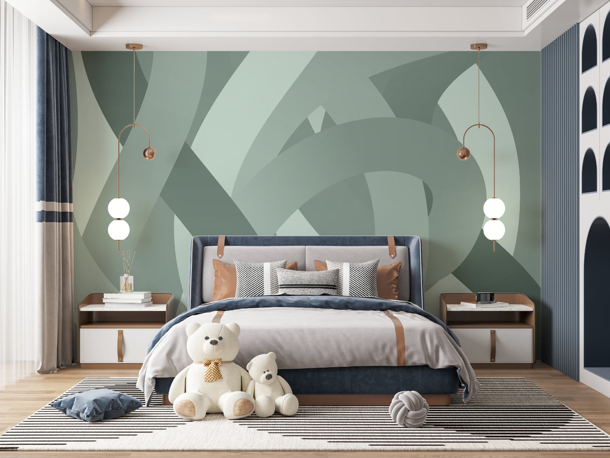 Green geometric wall mural creating depth in a contemporary home office setting