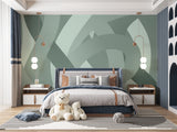 Green geometric wall mural creating depth in a contemporary home office setting