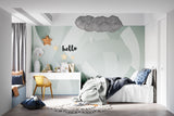 Abstract sage green wallpaper pattern bringing calm to a modern bedroom
