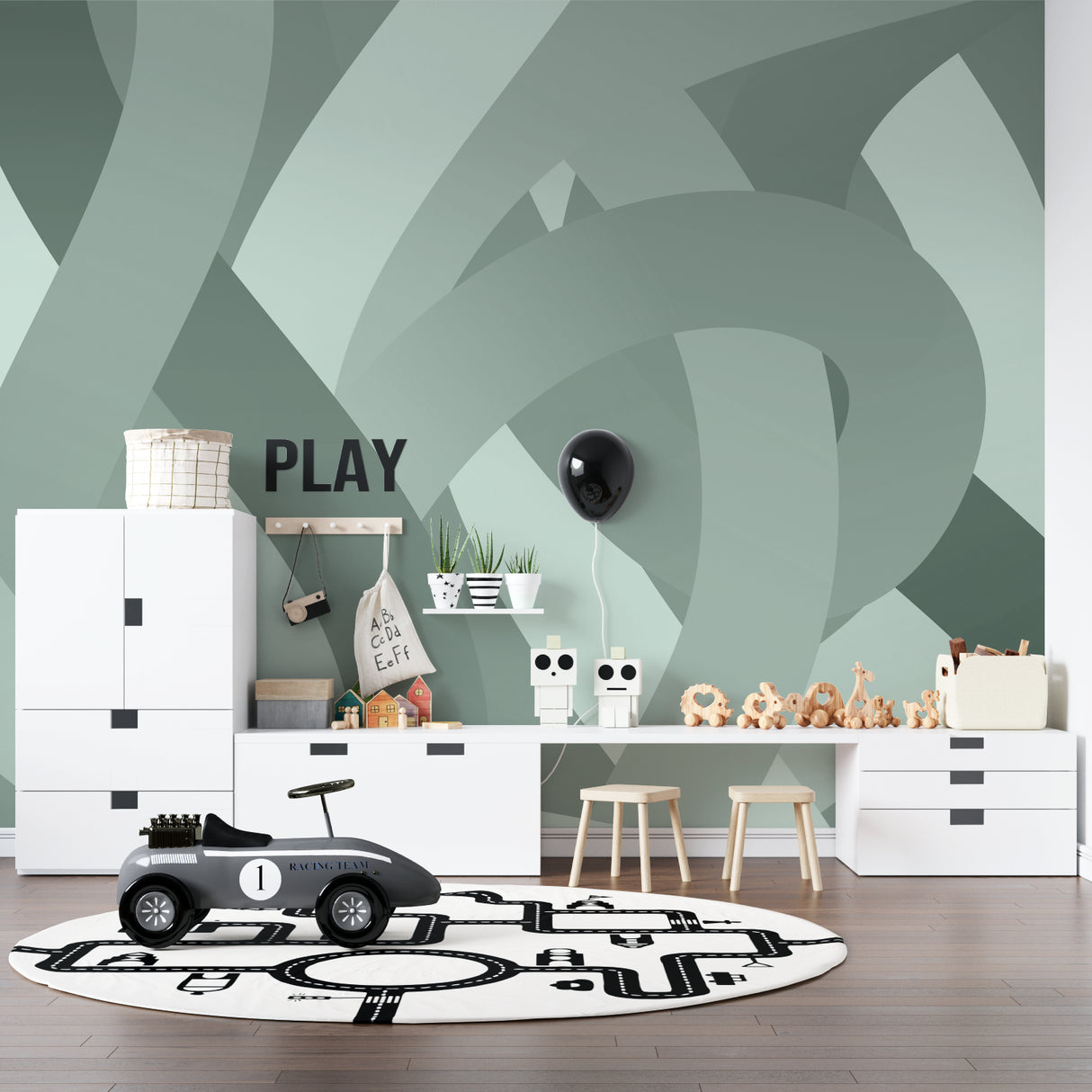 Geometric sage green mural making a statement in an elegant dining room