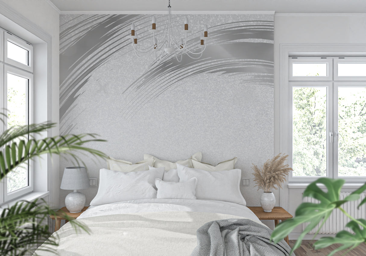 Silver abstract wall mural in a modern home office with clean lines