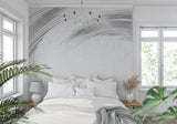 Silver abstract wall mural in a modern home office with clean lines