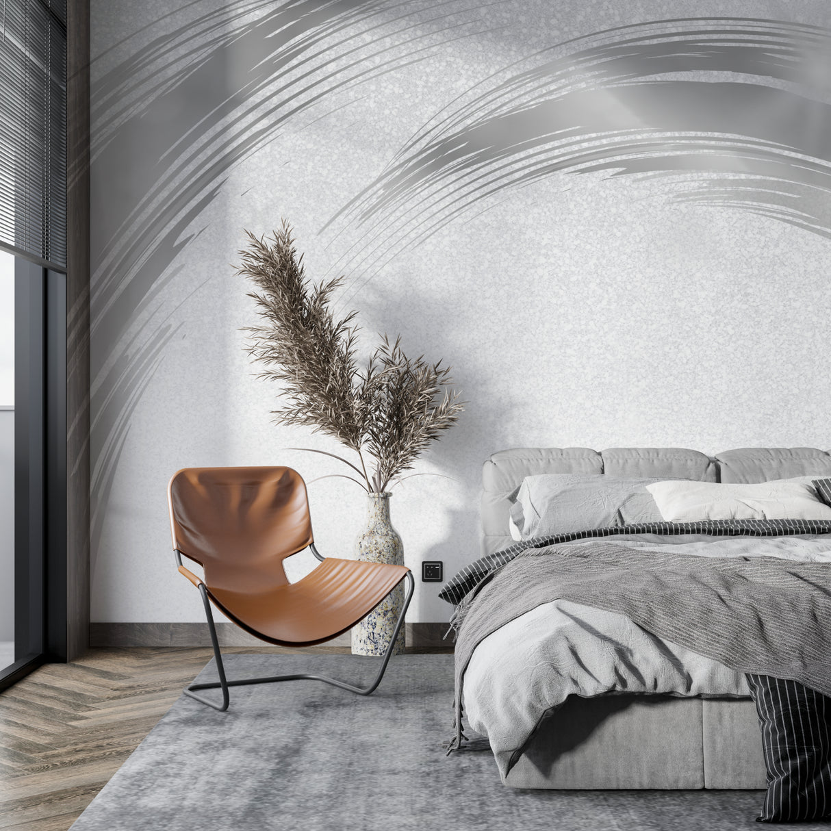 Grey brushstroke wallpaper making a statement in an elegant dining room