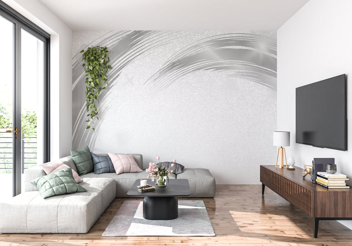 Abstract silver mural bringing movement to a contemporary hallway