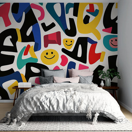 Modern abstract smiley wallpaper bringing life to a bright living room with contemporary furniture