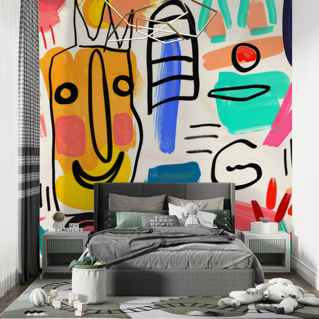 Modern street art wallpaper in bright living room setting with gray sofa and minimalist decor