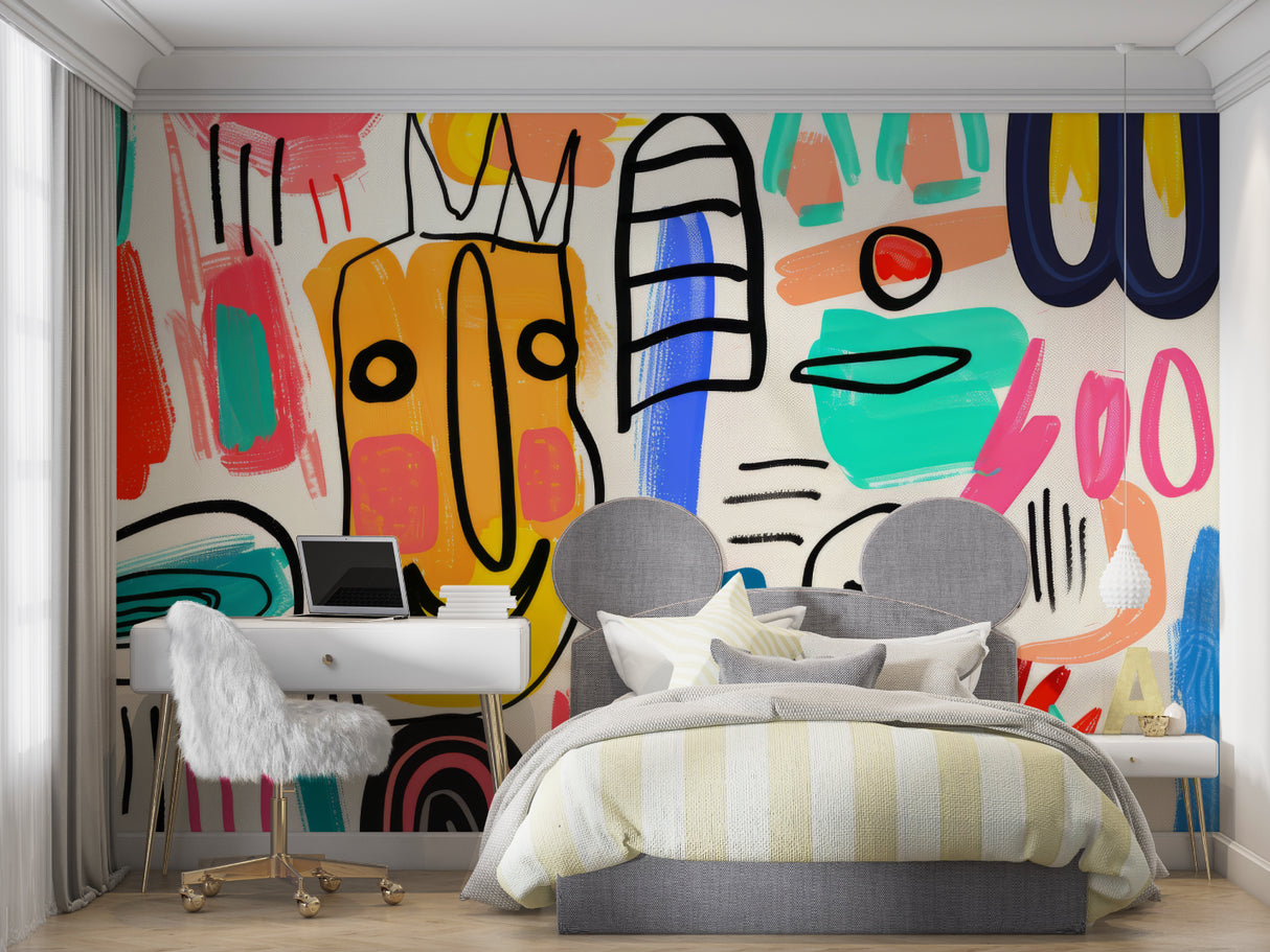 Abstract wall mural creating focal point in contemporary office space