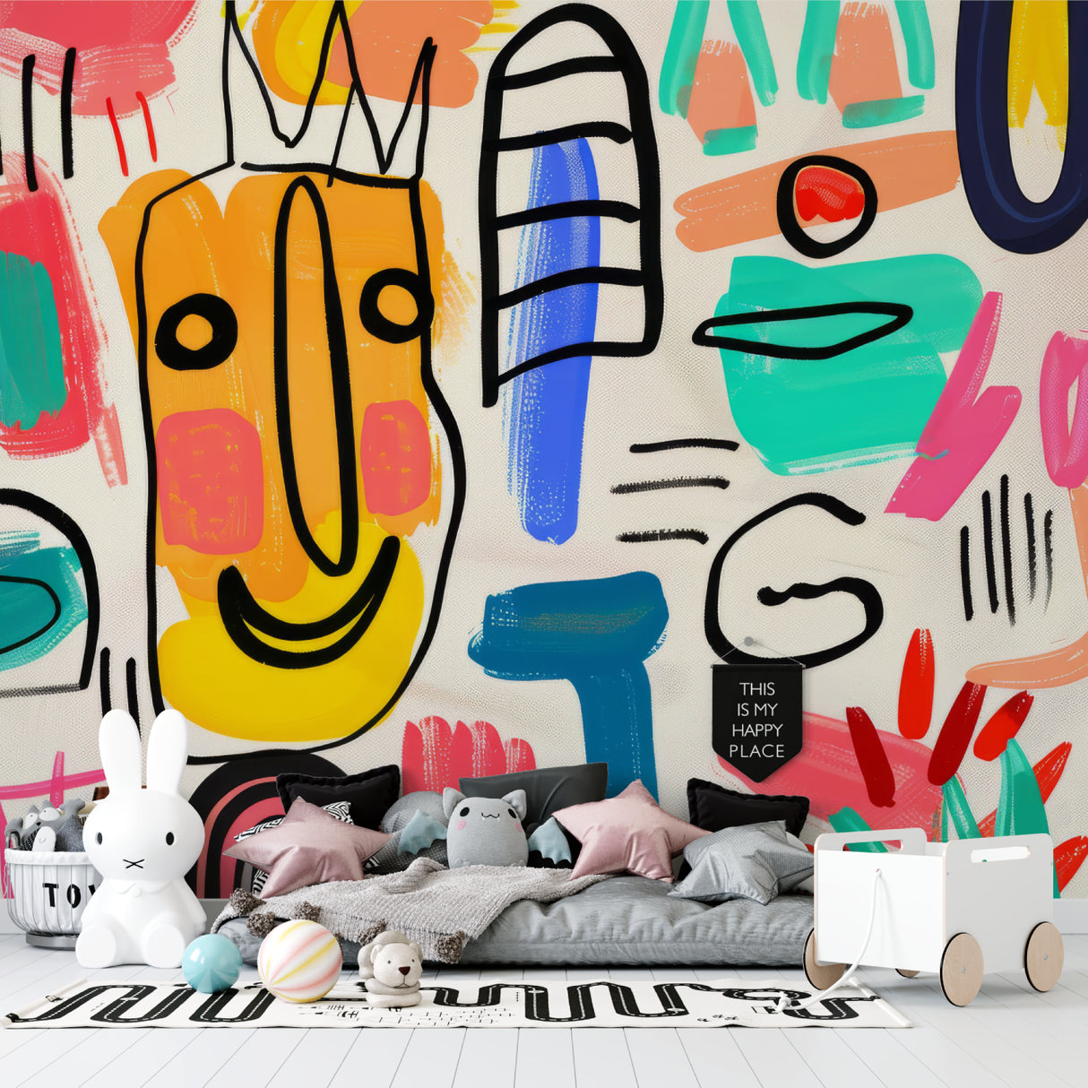 Urban art wallpaper in teen bedroom with modern furniture