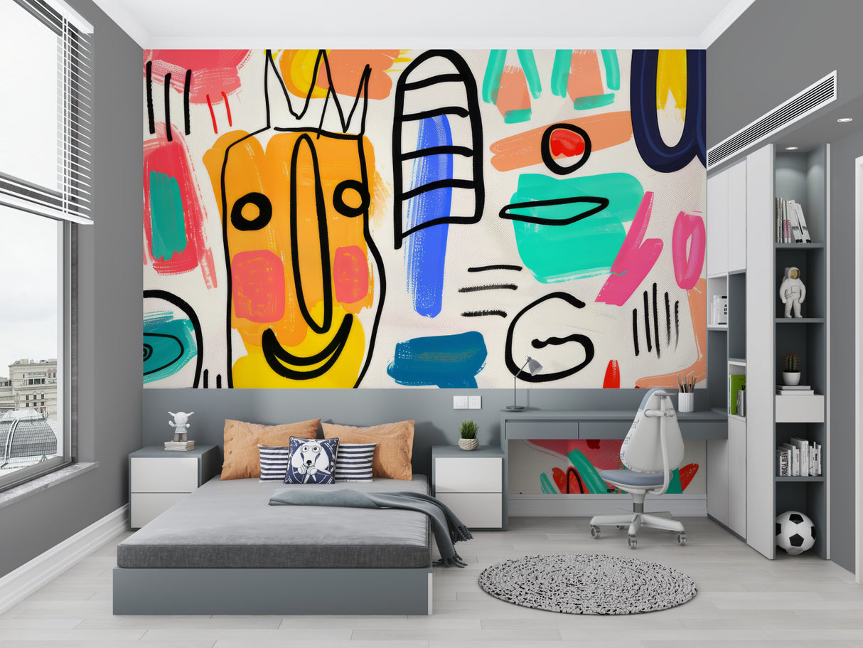 Contemporary abstract mural in dining room with natural lighting