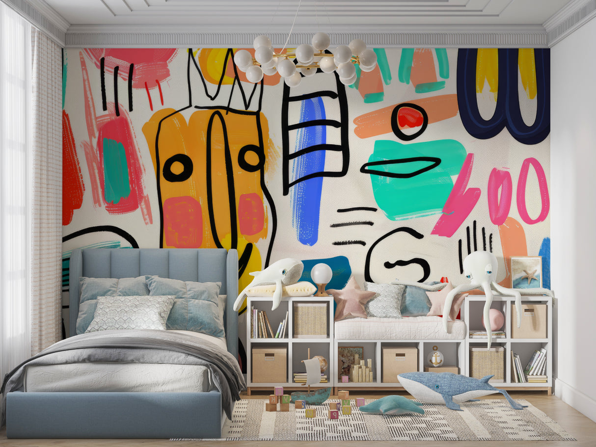 Street art inspired wallpaper in creative studio space