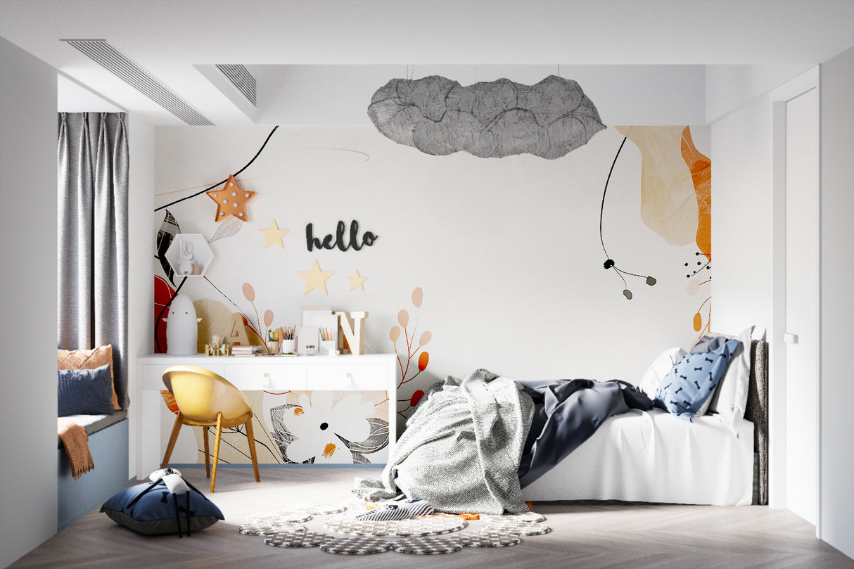 Abstract line art wallpaper in hallway with warm lighting