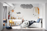 Abstract line art wallpaper in hallway with warm lighting