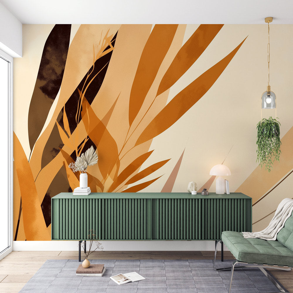 Modern living room with abstract terracotta leaf wallpaper creating a warm, artistic atmosphere against contemporary furniture
