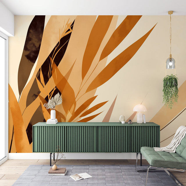 Modern living room with abstract terracotta leaf wallpaper creating a warm, artistic atmosphere against contemporary furniture