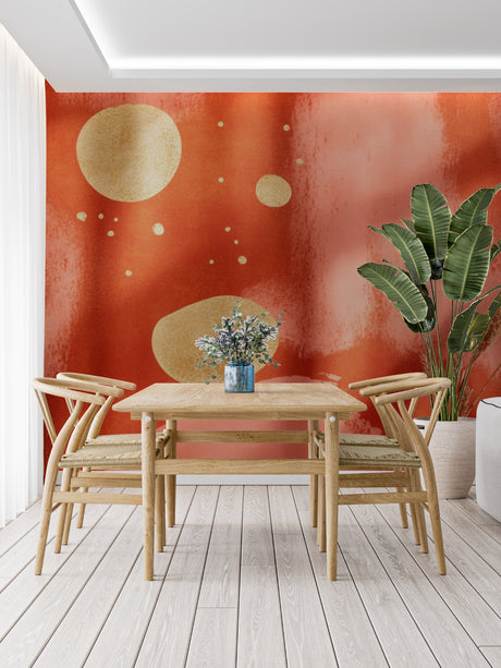 Modern terracotta abstract wallpaper with gold circles in a bright living room setting