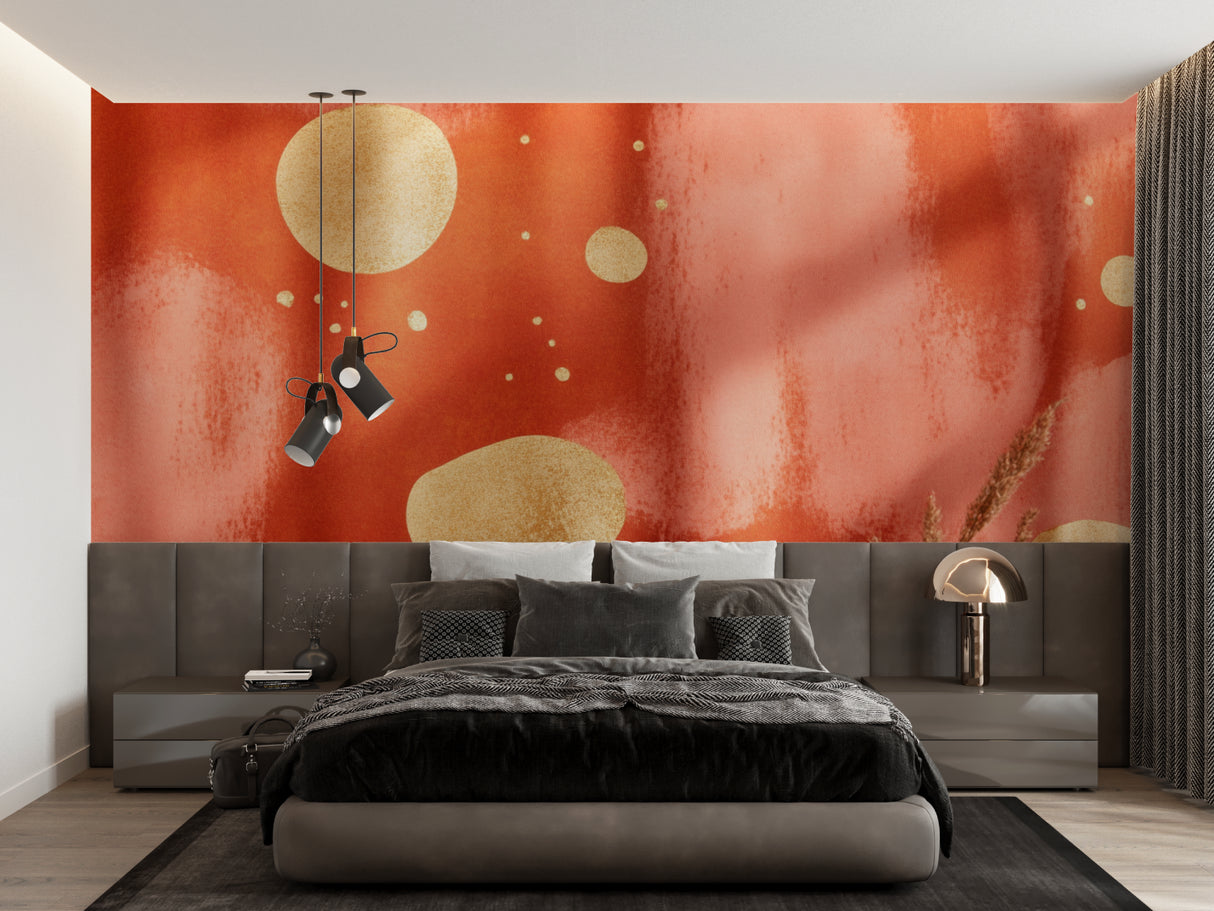 Modern abstract wallpaper featuring gold circles in an entrance hall