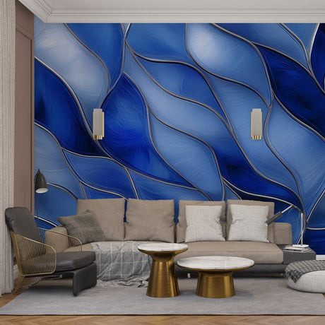 Modern blue wave abstract wallpaper mural displayed in a minimalist living room with white furniture and natural light