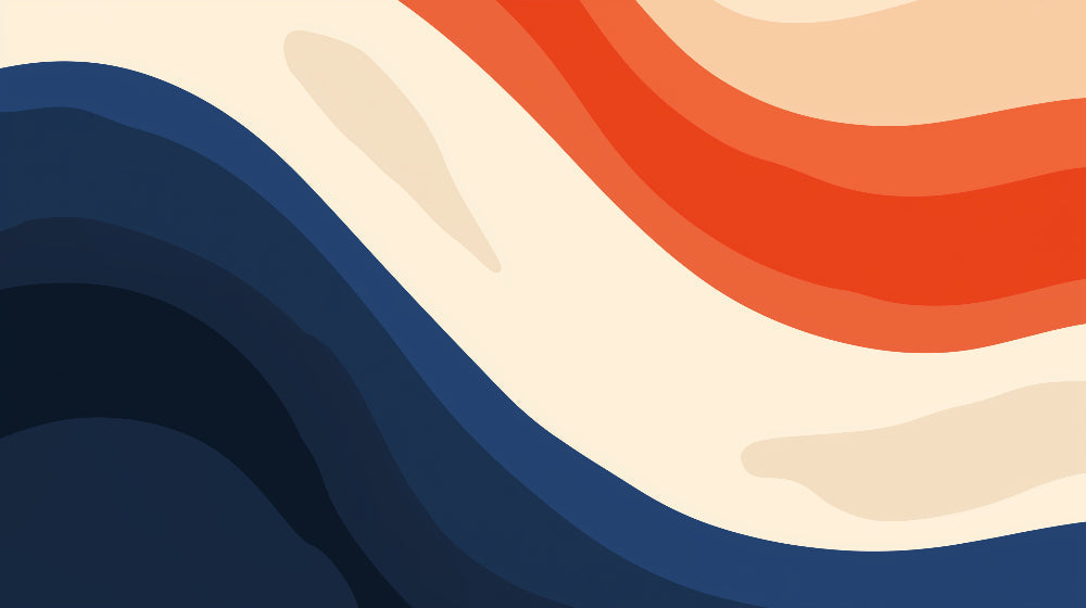 Modern abstract wave wallpaper in blue and orange creating a bold statement in a minimalist living room with natural light
