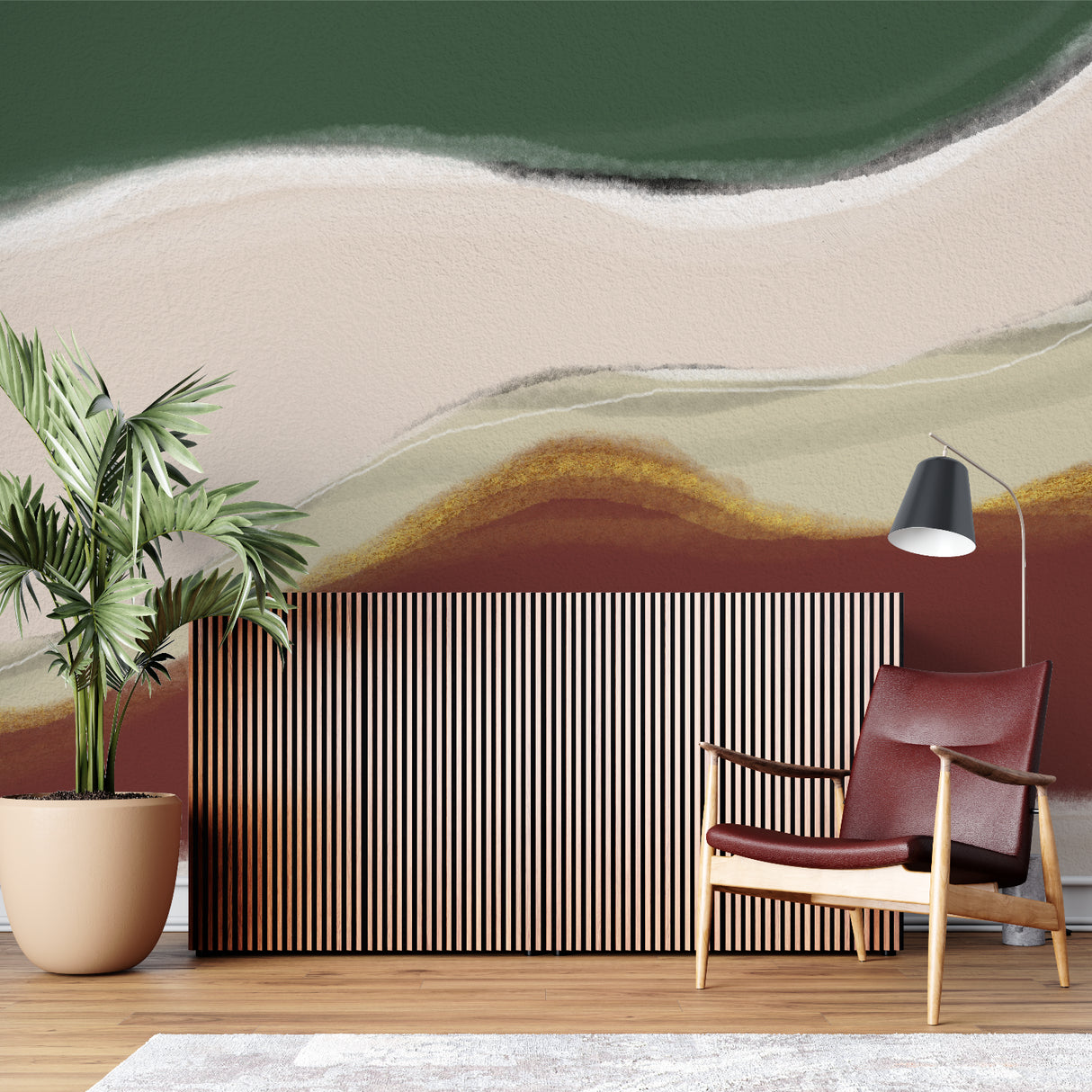 Modern wave wallpaper in green and terracotta adding flow to a minimal living room