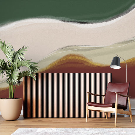 Modern wave wallpaper in green and terracotta adding flow to a minimal living room