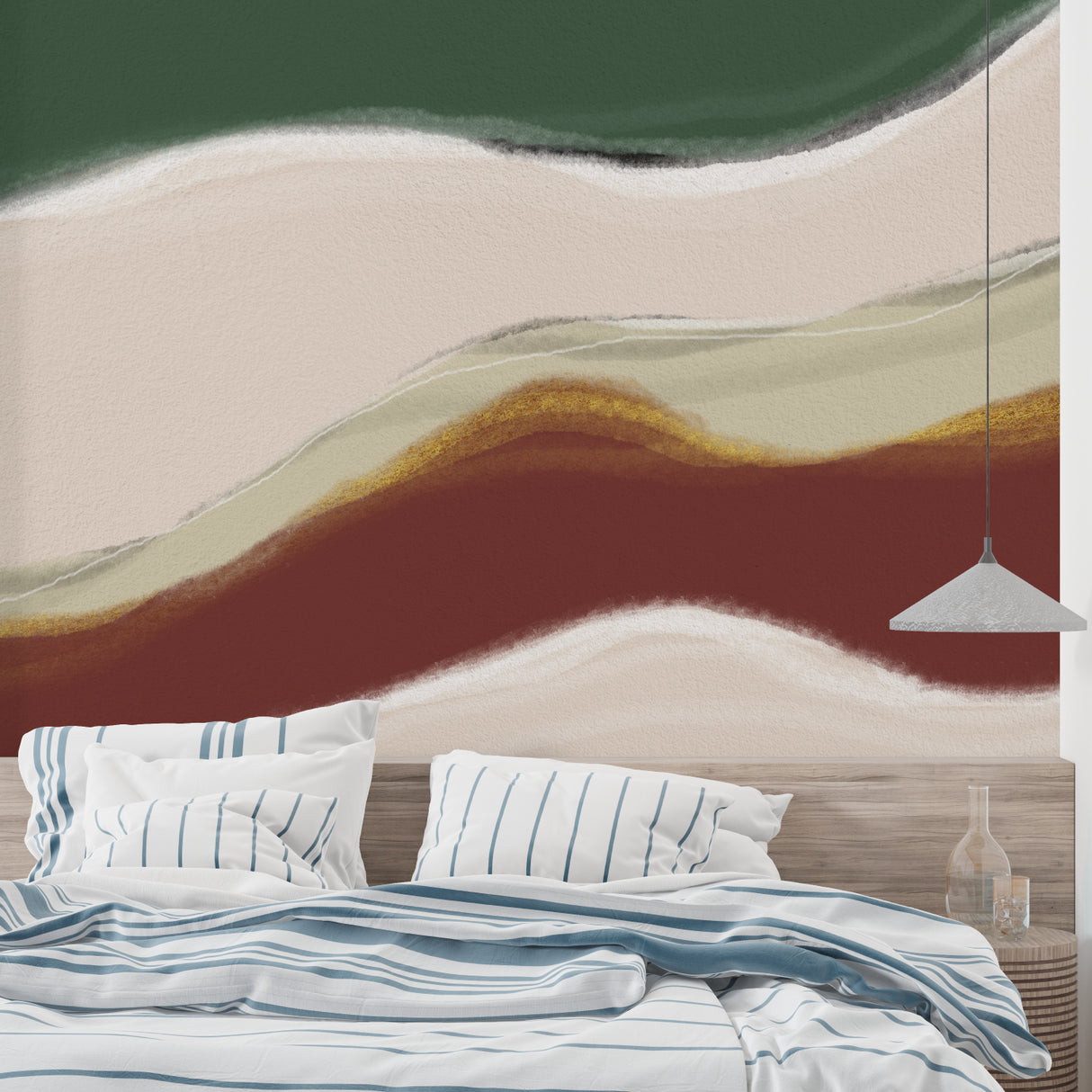 Abstract wave mural creating depth in a contemporary dining space