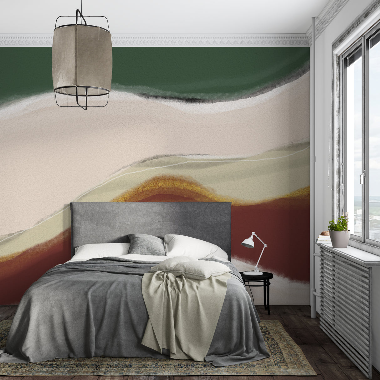 Green and terracotta abstract wallpaper bringing warmth to a modern bedroom