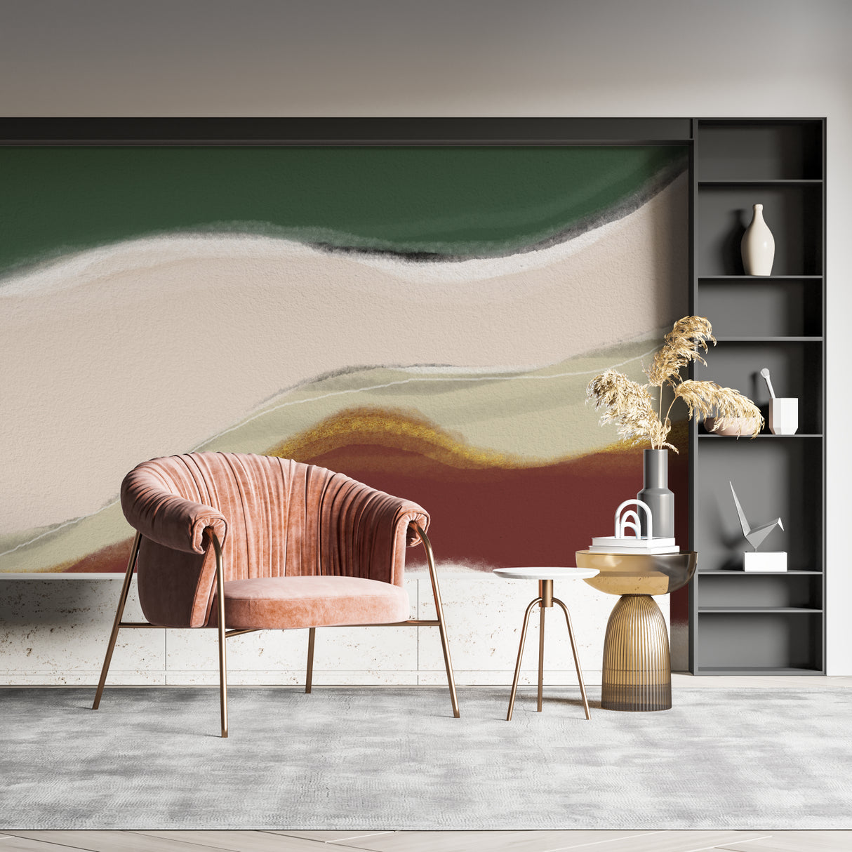 Wave pattern wallpaper making a statement in a home office setting