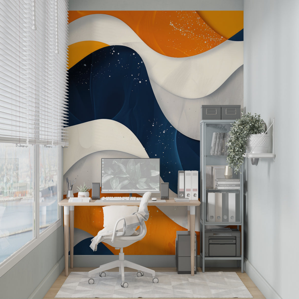 Abstract wave wallpaper bringing movement to a sleek bedroom interior