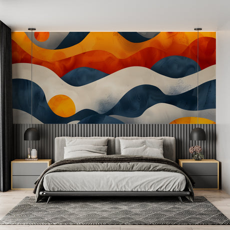 Modern wave pattern wallpaper creating a striking focal point in a minimalist living room with navy and orange accents