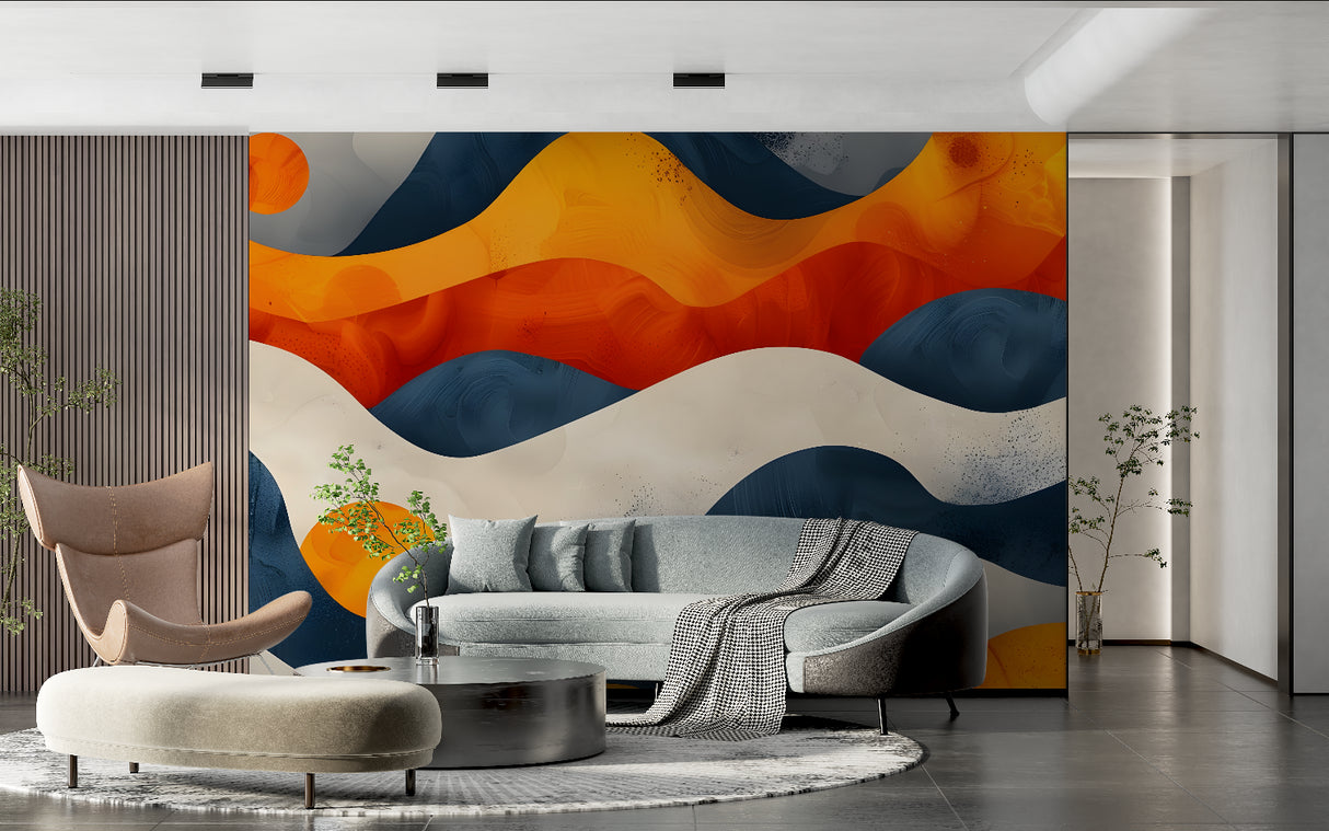 Abstract wave wallpaper bringing movement to a contemporary home office space