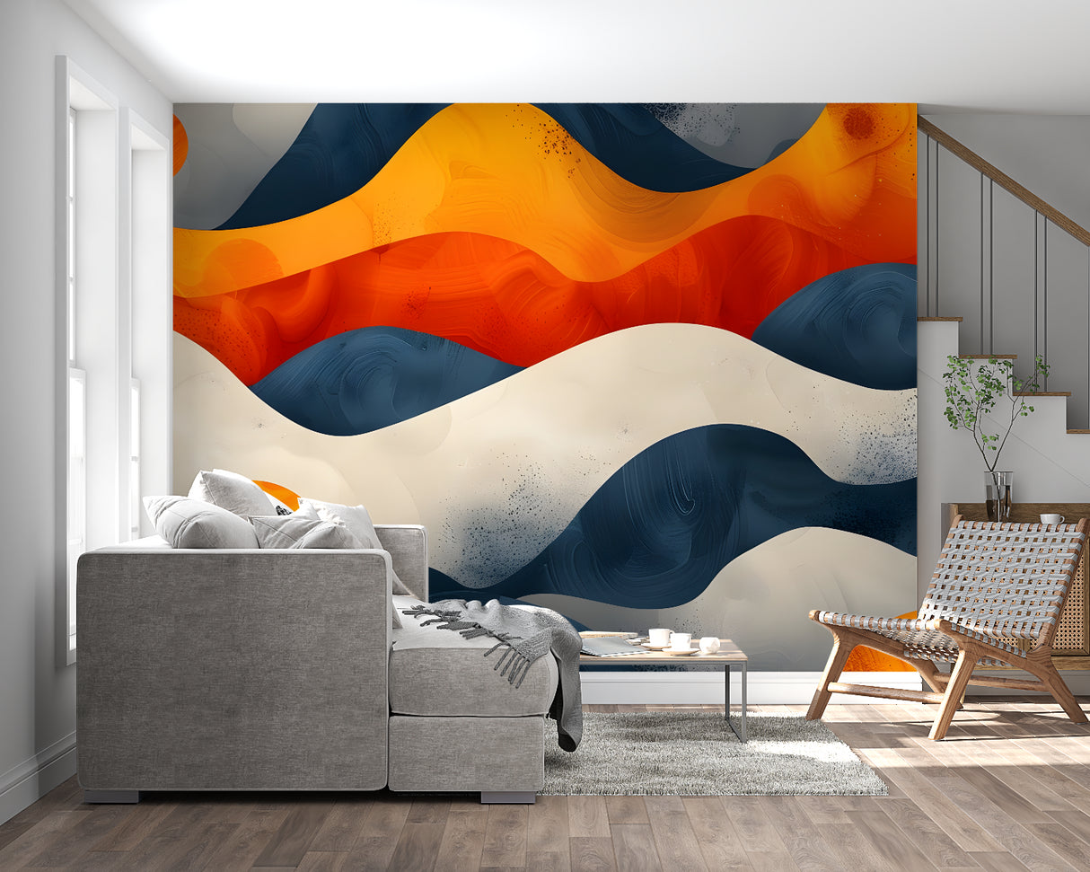 Navy and orange wave mural making a bold statement in a modern dining room