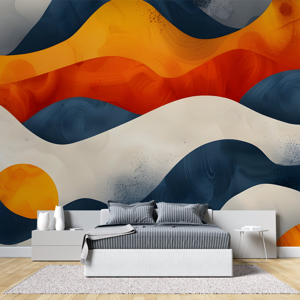 Wave pattern wallpaper enhancing an artistic bedroom with flowing shapes