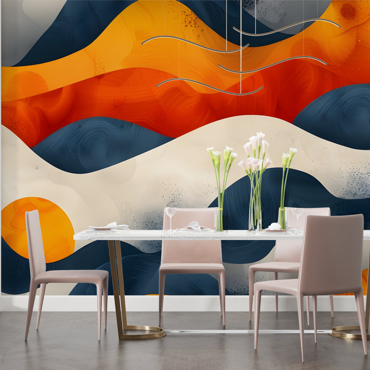 Modern abstract wallpaper creating depth in a sleek entrance hallway