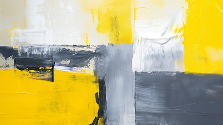 Modern Abstract Wall Mural with yellow and grey brushstrokes bringing artistic flair to a minimalist living room setting