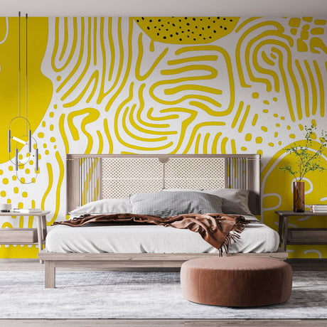 Modern yellow abstract wallpaper bringing warmth to a minimalist living room with white furniture