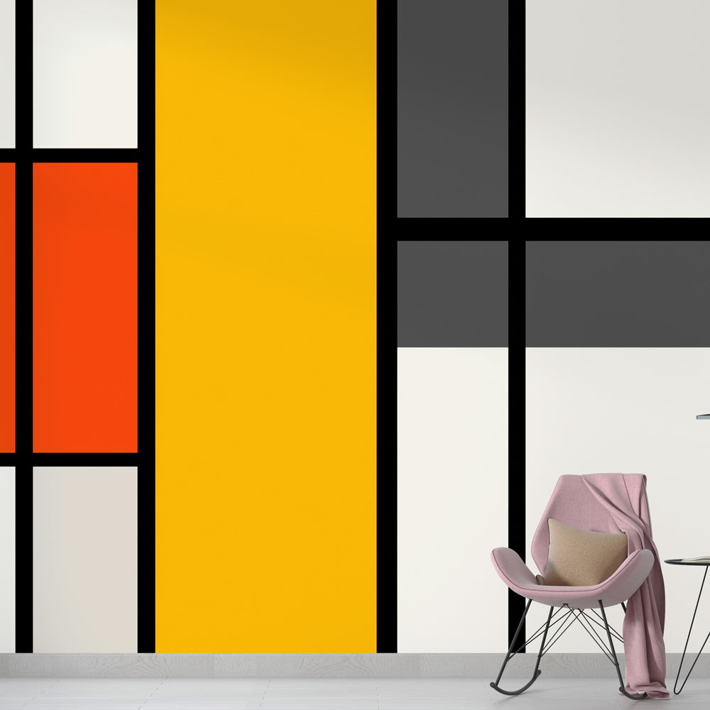 Modern geometric abstract wallpaper displayed in a bright living room, showing bold Mondrian-inspired pattern with clean lines