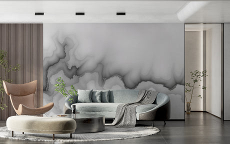 Modern grey abstract cloud wallpaper in a minimal living room setting with contemporary furniture