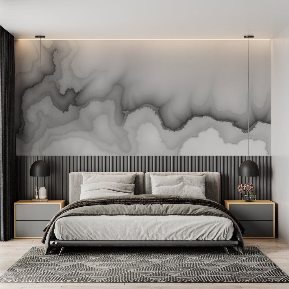Monochrome watercolor wall mural creating depth in a master bedroom with morning light