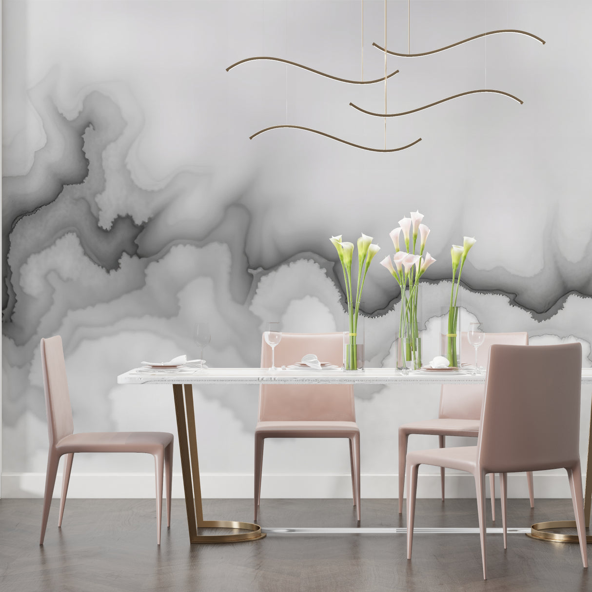 Grey cloud wallpaper design in a home office space with clean lines and natural lighting