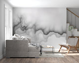 Abstract grey mural wallpaper making a statement in a minimalist dining room setting