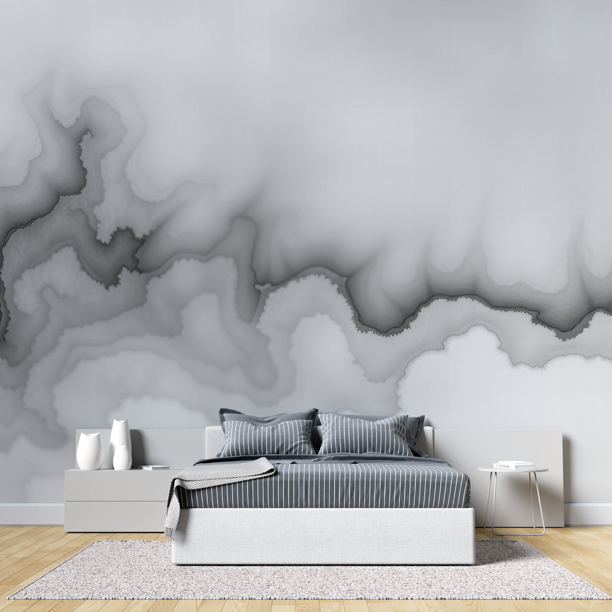 Watercolor cloud wall mural bringing calm to a modern hallway with pendant lighting