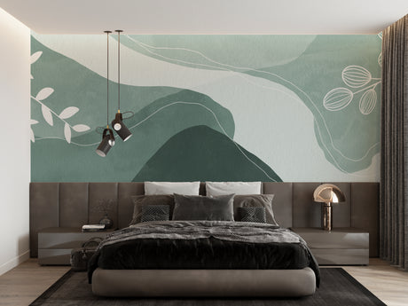 Modern living room with sage green Abstract Mountain Wallpaper creating a peaceful atmosphere