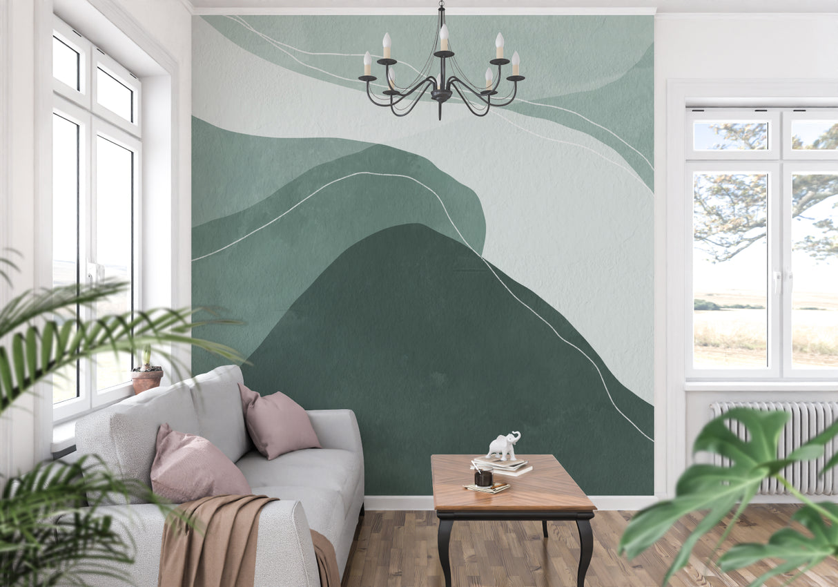 Home office featuring green Abstract Mountain Mural adding natural calm