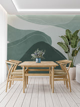 Meditation room with flowing Mountain Curves Mural in peaceful green shades