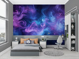 Abstract smoke wallpaper creating a modern look in a minimalist living room with grey furniture
