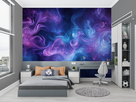 Abstract smoke wallpaper creating a modern look in a minimalist living room with grey furniture
